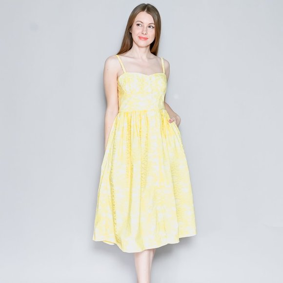 195. CALVIN LUO Yellow Lace Overlay A-line Dress NWT M - Picture 1 of 7